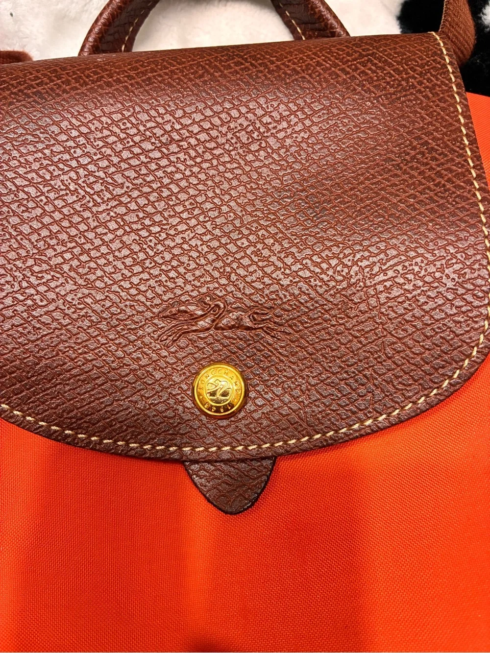 Longchamp Orange Nylon Backpack with Brown Trim